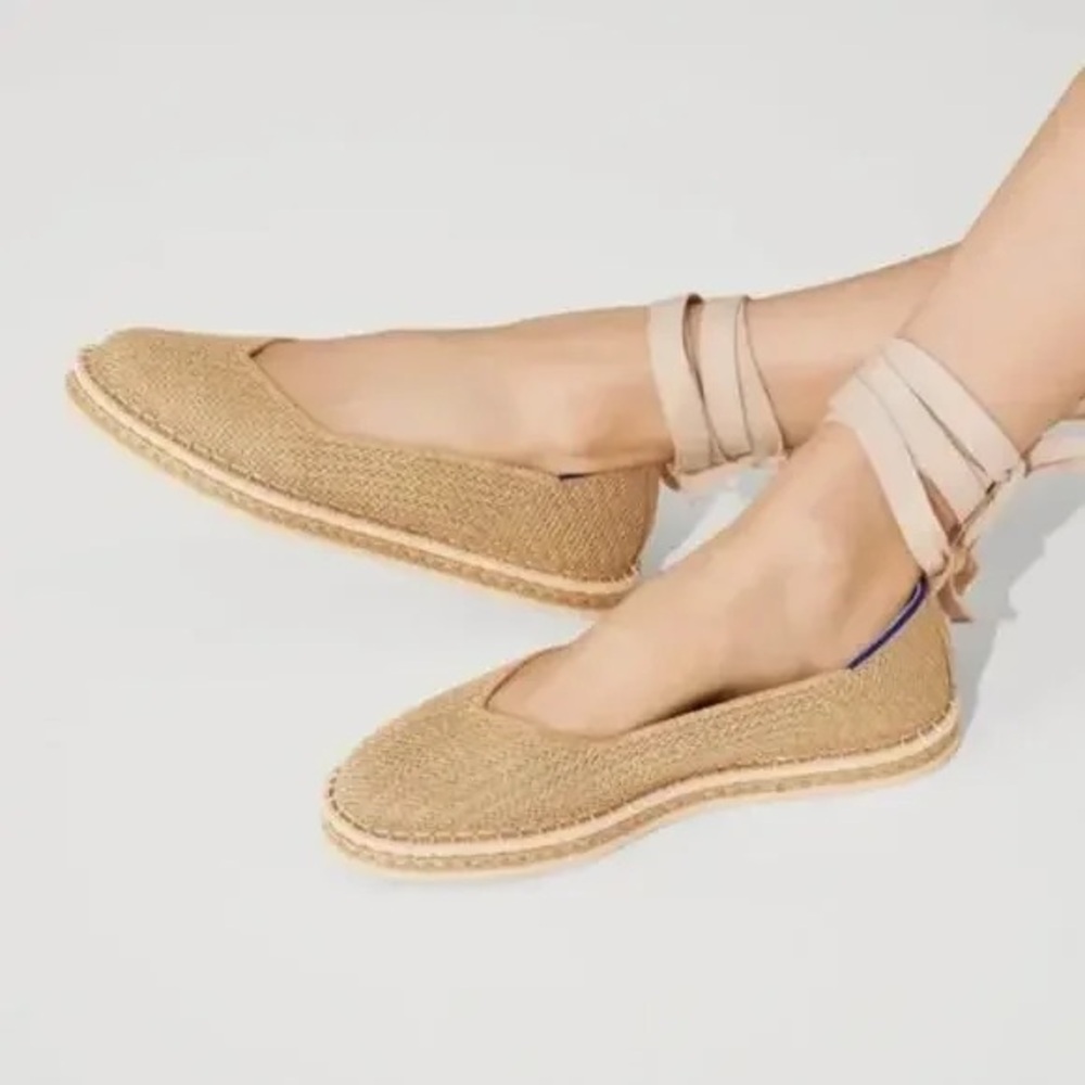 ROTHY'S | The Espadrille Gold Stripe Ballet Ankle Lace Wrap Tie Ivory | Size 8.5